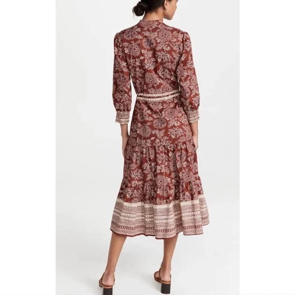 New Veronica Beard Swedie Red rust Floral Cotton Border Print Midi Dress paisley - Picture 6 of 15
